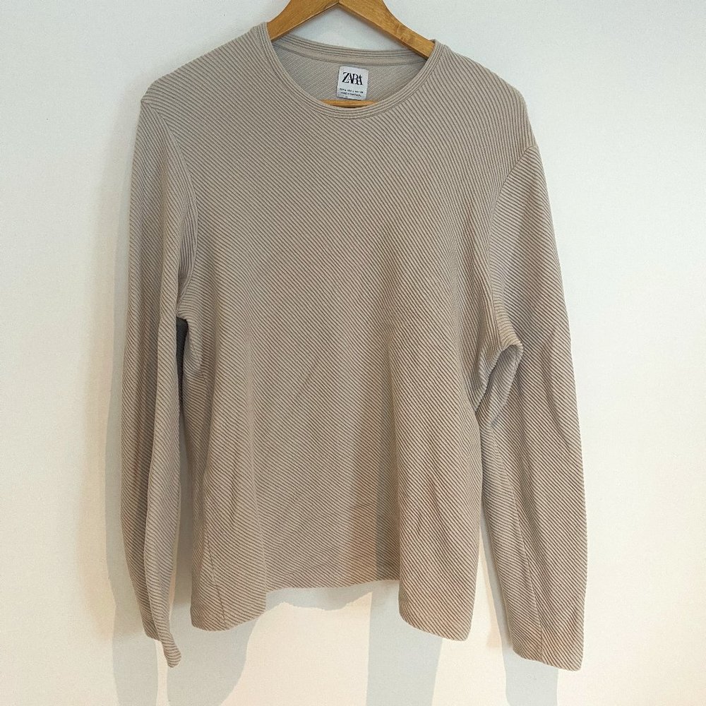 ZARA Woman Tan Long Sleeve Vertical Textured Pullover Top Size L